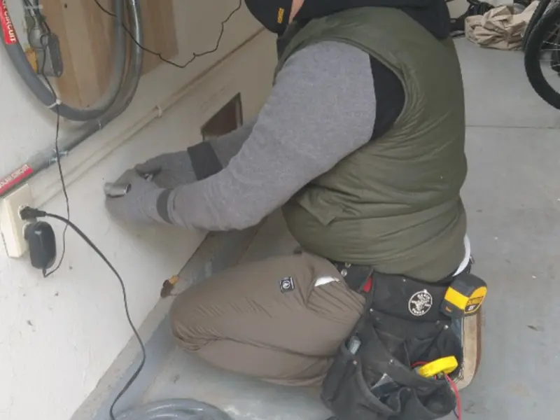 Electrician performing outlet wiring in a Cedar Grove garage
